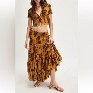 NEW FREE PEOPLE BLOOMING ROMANCE SET TIERED SKIRT CROP TOP BOHO MEDIUM
